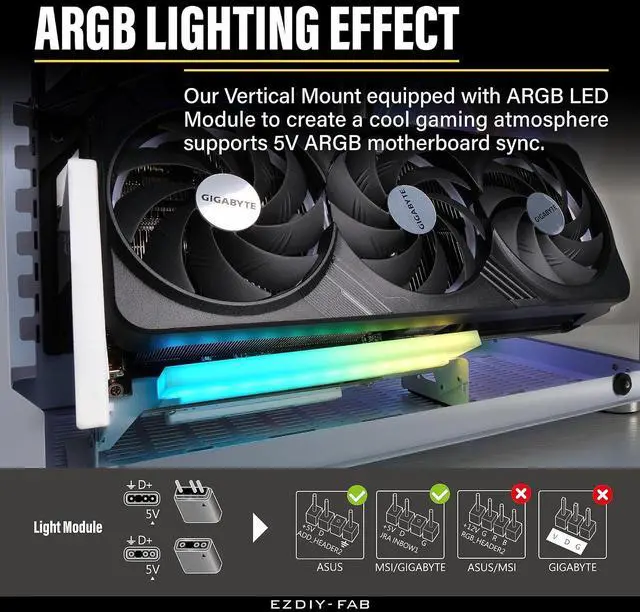 Alt view image 7 of 7 - PCIe 4.0 GPU Mount Bracket with ARGB LED Module, Multi-Angle Adjustment with All White Riser Cable, Compatible to RTX4090, 4080, 4070ti - White