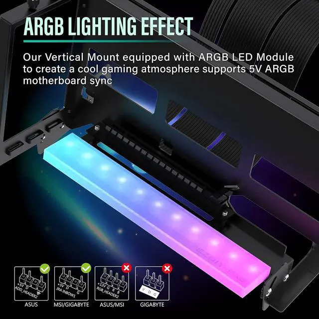 Alt view image 3 of 7 - PCIe 4.0 GPU Mount Bracket with ARGB LED Module, Multi-Angle Adjustment with Riser Cable, Compatible to RTX4090, 4080, 4070ti- Black