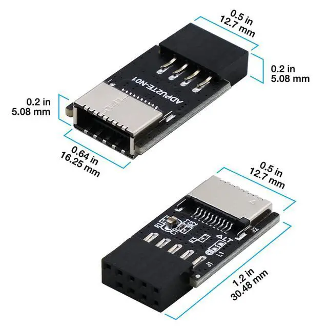 Alt view image 3 of 7 - USB2.0 Internal Header (9-Pin) to USB3.1/3.2 Type-C (20-Pin) A-Key Front Panel 180 Degrees Adapter, Extend USB Type E Ports to PCs Front Panel USB Ports