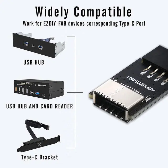 Alt view image 7 of 7 - USB2.0 Internal Header (9-Pin) to USB3.1/3.2 Type-C (20-Pin) A-Key Front Panel 180 Degrees Adapter, Extend USB Type E Ports to PCs Front Panel USB Ports