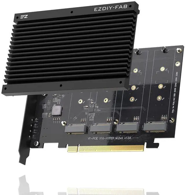 Main image of Quad M.2 PCIe 4.0/3.0 X16 Expansion Cad with Heatsink, Support 4 x PCIe NVME M.2 SSD, RAID-on-CPU (VROC) in Intel Platform and PCIe 4.0 RAID in AMD Platform, M/B PCIe Bifurcatin is Required