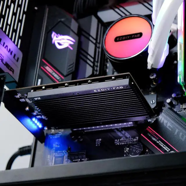 Alt view image 4 of 7 - Quad M.2 PCIe 4.0/3.0 X16 Expansion Cad with Heatsink, Support 4 x PCIe NVME M.2 SSD, RAID-on-CPU (VROC) in Intel Platform and PCIe 4.0 RAID in AMD Platform, M/B PCIe Bifurcatin is Required