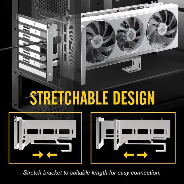 Alt view image 2 of 7 - Vertical PCIe 4.0 GPU Mount Bracket Graphic Card Holder with 5V 3 Pin ARGB LED Module, Video Card VGA Support Kit with PCIe 4.0 X16 Gen4 17cm/6.69in Riser Cable 90 Degree Right Angle (White)