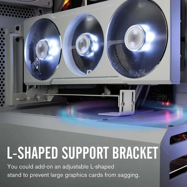 Alt view image 5 of 7 - Vertical PCIe 4.0 GPU Mount Bracket Graphic Card Holder with 5V 3 Pin ARGB LED Module, Video Card VGA Support Kit with PCIe 4.0 X16 Gen4 17cm/6.69in Riser Cable 90 Degree Right Angle (White)