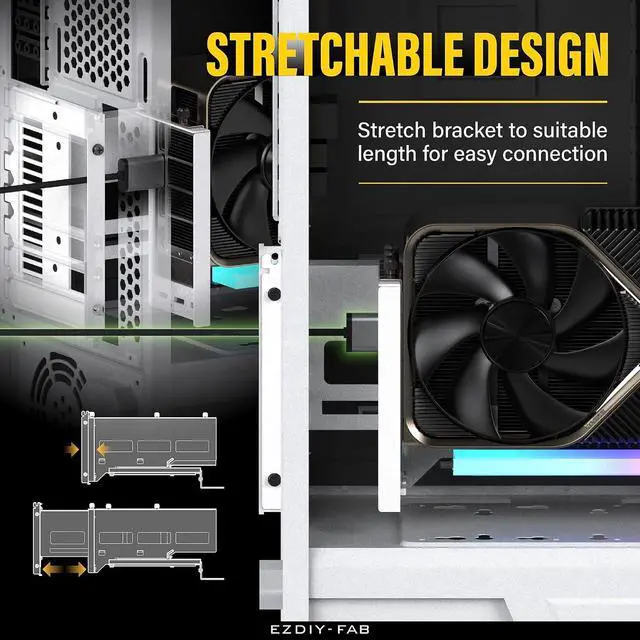 Alt view image 2 of 7 - Vertical PCIe 4.0 GPU Mount Bracket Graphic Card Holder with 5V 3 Pin ARGB LED Module, Video Card Support Kit with PCIe 4.0 X16 Gen4 17cm/6.69in White Riser Cable 90 Degree Right Angle-White