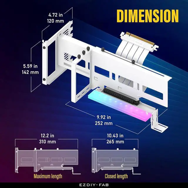 Alt view image 3 of 7 - Vertical PCIe 4.0 GPU Mount Bracket Graphic Card Holder with 5V 3 Pin ARGB LED Module, Video Card Support Kit with PCIe 4.0 X16 Gen4 17cm/6.69in White Riser Cable 90 Degree Right Angle-White