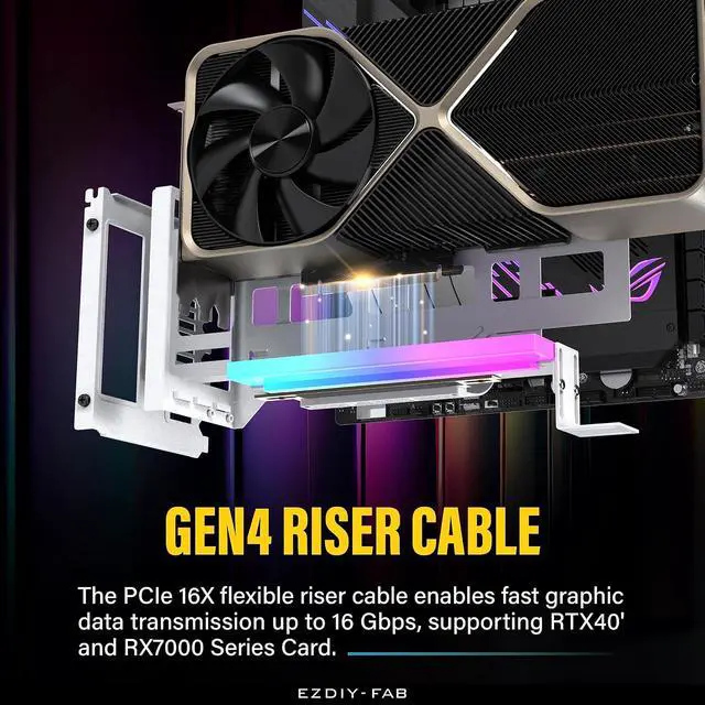 Alt view image 4 of 7 - Vertical PCIe 4.0 GPU Mount Bracket Graphic Card Holder with 5V 3 Pin ARGB LED Module, Video Card Support Kit with PCIe 4.0 X16 Gen4 17cm/6.69in White Riser Cable 90 Degree Right Angle-White