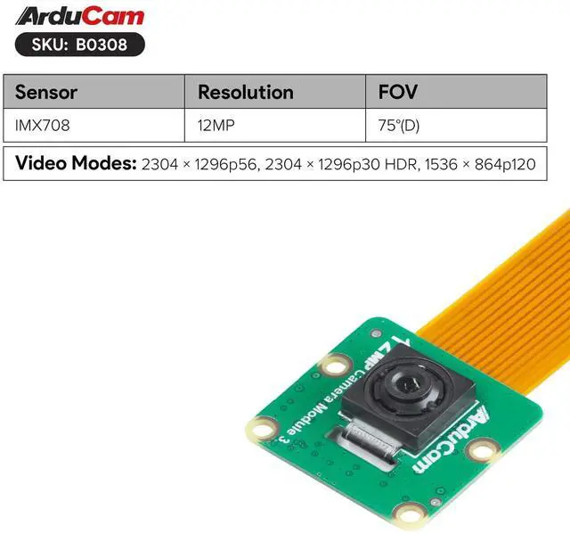 Alt view image 2 of 7 - for Raspberry Pi Camera Module 3, 12MP IMX708 75°(D) Fixed Focus Pi Camera V3, for Raspberry Pi 5/4B/3B+, Zero