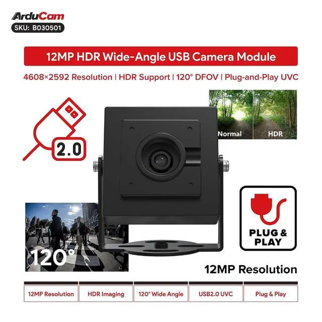 Alt view image 2 of 7 - 12MP HDR USB Camera Module, 120° Wide Angle Fixed Focus UVC Webcam, 4608×2592 Resolution Mini Camera for Windows Linux Android macOS, LightBurn 3D Printer
