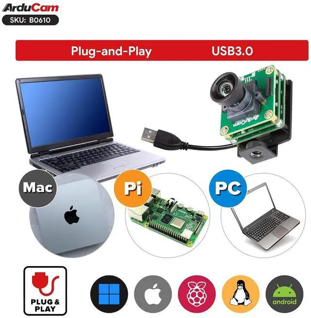 Alt view image 3 of 7 - 2.3MP USB 3.0 Camera Module, 1920×1200 100FPS Global Shutter High-Speed UVC Camera with Onboard ISP, M12 Wide Angle Lens, Plug & Play USB Webcam for Windows, Linux