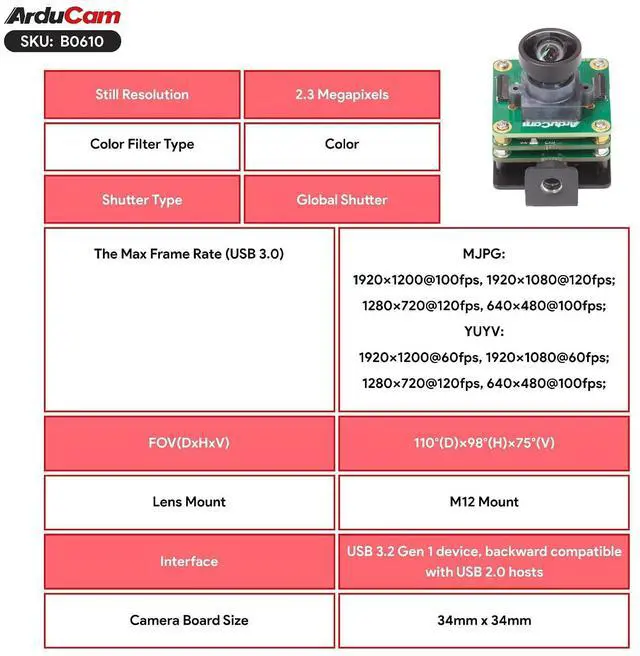 Alt view image 5 of 7 - 2.3MP USB 3.0 Camera Module, 1920×1200 100FPS Global Shutter High-Speed UVC Camera with Onboard ISP, M12 Wide Angle Lens, Plug & Play USB Webcam for Windows, Linux