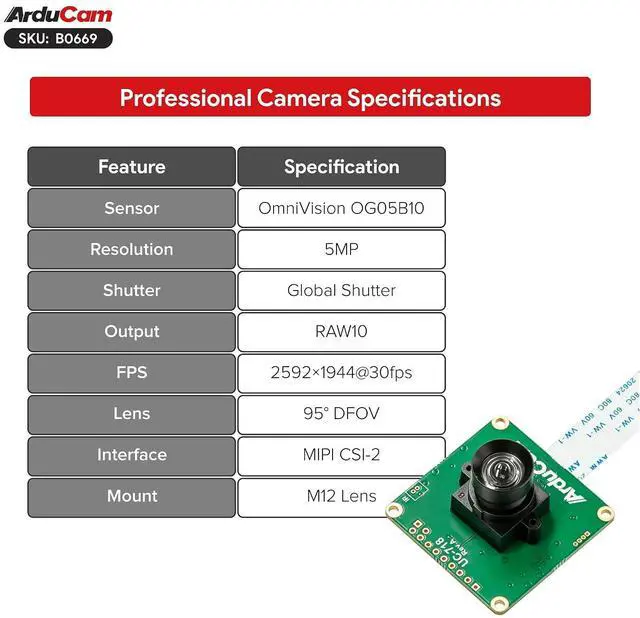 Alt view image 6 of 7 - 5MP OG05B10 Global Shutter Raspberry Pi Camera Module