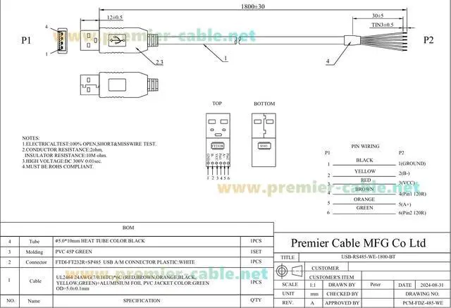 Alt view image 6 of 6 - Compatible USB-RS485-WE-1800 USB 2.0 A to RS485 Serial Wire End Cable with FTDI FT232R Chip USB to UART COM Port Converter for Windows, Linux, MacOS, Android(1.8M/5.91FT)