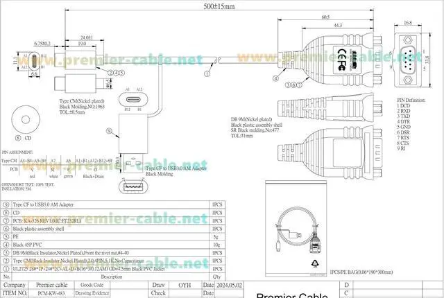 Alt view image 6 of 6 - Dual USB-A USB-C to DB9 RS232 Serial Converter Cable with FT232RL Chipset FTDI USB RS232 COM Port Cable for Windows, Linux, Android, MacOS(0.5M/1.64FT)