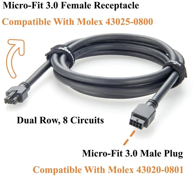 Alt view image 3 of 7 - Micro-Fit 3.0 8Pin Male Plug to Female Receptacle Cable Assembly 8 Circuits Dual Row Power and Signal Cable Compatible with 430200801 to 430250800 (1PC, 2M/6.6FT)