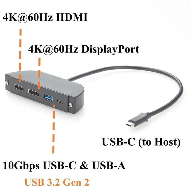 Alt view image 2 of 7 - Panel Mount 4-in-1 USB C Hub Dual Monitor, 4K@60Hz HDMI & DisplayPort, 10Gbps USB-C & USB-A Data Ports, USB-C Multiport Adapter for Control Cabinets, Industrial PC, Enclosure (0.3M)