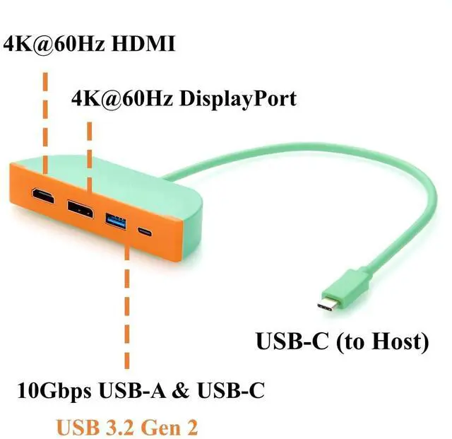 Alt view image 2 of 7 - 4-in-1 Portable USB C Hub, Multiport Adapter with Dual Monitor 4K@60Hz HDMI DisplayPort, 10Gbps USB-C and USB-A Data Ports, for Laptop, macOS, Windows, Linux (1.5M)