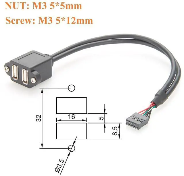 Alt view image 4 of 7 - Screw Panel Mount Dual USB 2.0 A Female to Motherboard 9Pin Header Cable Front Panel IDC 9 Pin Motherboard Internal Cable for Computer, Tablet, Printer, Barcode Scanner, Car, Camera (1PCS, 0.3M)