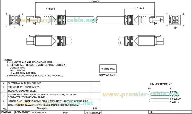 Alt view image 6 of 7 - Mega-Fit 5.7mm 4 Pin to Mega-Fit OTS Cable Assembly Dual Row 4 Circuits 12AWG High Current Power Cable 23A 600V Compatible with 245136-0410, 245136-0420 for Automotive(2M/6.6FT)