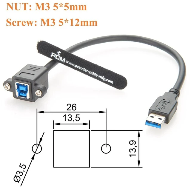 Alt view image 2 of 7 - Screw Panel Mount USB 3.0 A Male to Type-B Female Extension Cable 5Gbps USB A to USB B Printer Cable for Scanner, Industrial Camera, Control Panel (2PCS, 0.3M)