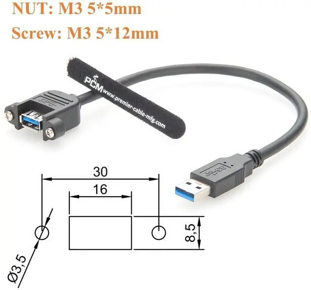 Alt view image 3 of 7 - Screw Panel Mount USB 3.0 Extension Cable 5Gbps USB Type A Male to Female Charging & Data Cable for Control Cabinet, Scanner, Printer, Laptop, Flash Drive, Embedded (1PCS, 0.3M)