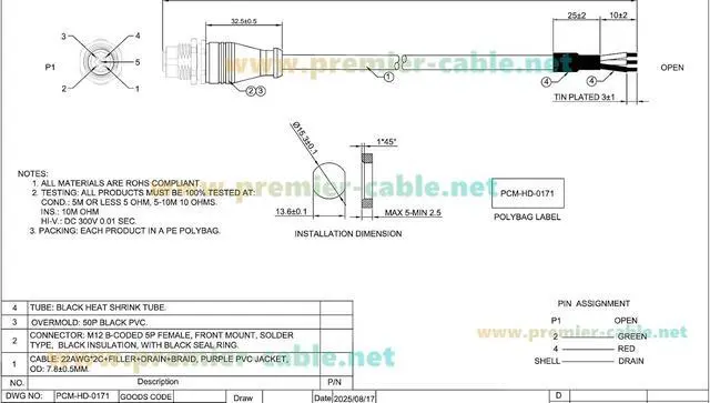 Alt view image 6 of 7 - M12 B-Code 5 Pin Female Panel Mount Profibus Cable IP67 Shielded M12 to Open End Wire for Fieldbus Networks, Control Panels, Automation (Female, 0.5M/1.64FT)