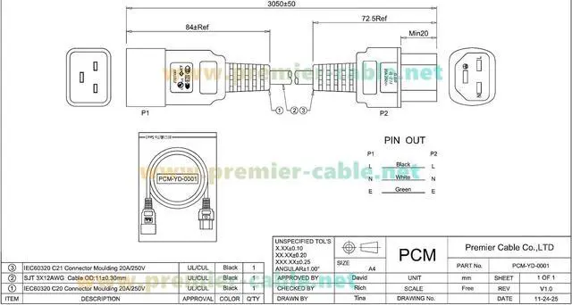 Alt view image 6 of 6 - Heavy Duty C20 to C21 AC Power Cable, SJT 12AWG, 250V 20A, IEC-60320 Computer Server Power Extension Cord for Network, PDU, UPS, Data Center - UL Listed, 10FT