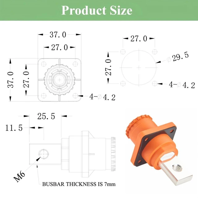 Alt view image 5 of 6 - IP67 High Voltage High Current Power Battery Energy Storage Connector 350A 95mm² Electric Vehicle Busbar Terminal Connector Flange Mount Socket,1PC(Orange, 350A)