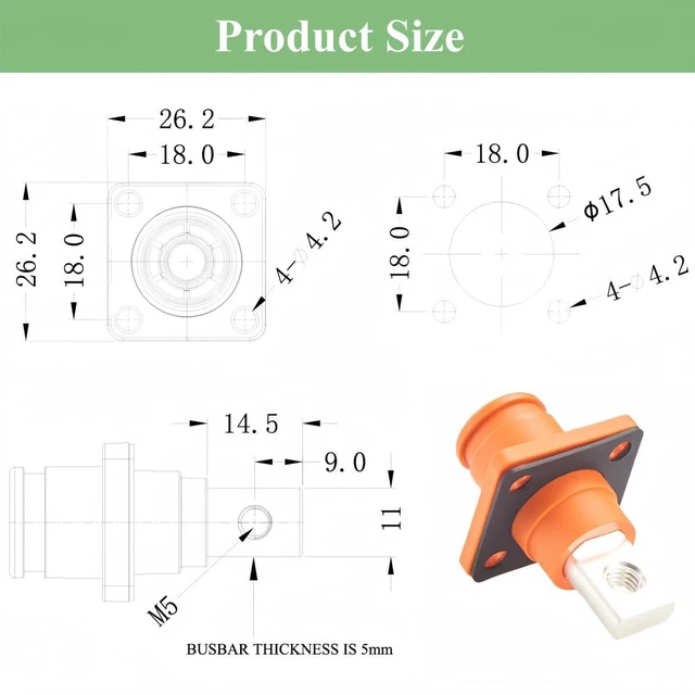 Alt view image 5 of 6 - Battery Energy Storage Connector 100A-120A 16mm²-25mm² IP67 Waterproof Chassis Flange Panel Mount Socket Busbar Electrical Terminal Block,1PC (Orange, 100A-120A)