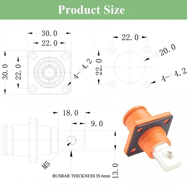 Alt view image 5 of 6 - High Current HV Power Busbar Terminal Block 150A 35mm² 200A 50mm² IP67 Waterproof Plug Socket Flange Mount Energy Storage ESS Connector,1PC (Orange, 150A-200A)