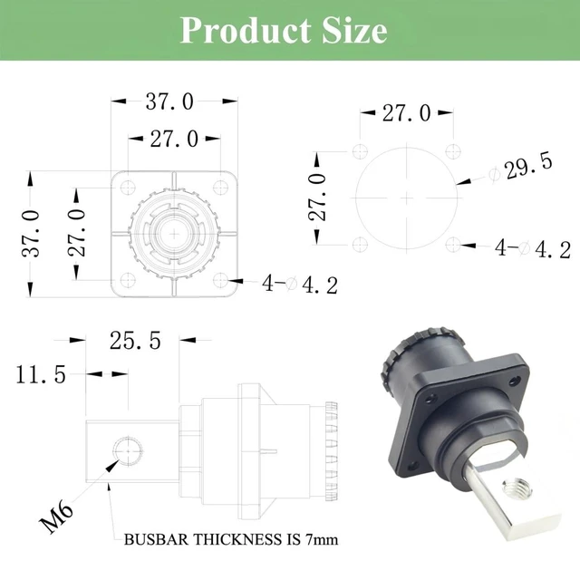 Alt view image 5 of 6 - IP67 High Voltage High Current Power Battery Energy Storage Connector 350A 95mm² Electric Vehicle Busbar Terminal Connector Flange Mount Socket,1PC (Black, 350A)