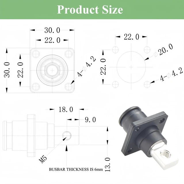 Alt view image 5 of 7 - High Current HV Power Busbar Terminal Block 150A 35mm² 200A 50mm² IP67 Waterproof Plug Socket Flange Mount Energy Storage ESS Connector,1PC (Black, 150A-200A)