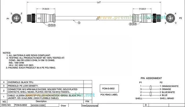 Alt view image 6 of 7 - Profinet M12 D Code 4 Pin Male to Male Cat5 Ethernet Cable IP67 Shielded High Flex Industrial Switch Cable for Machine Vision, Camera, PLC, IO-Link, Robot (Straight, 5M/16.4FT)