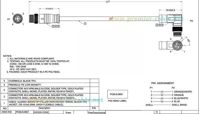 Alt view image 6 of 6 - Profinet M12 D Code 4 Pin Male to Male Cat5 Ethernet Cable IP67 Shielded High Flex Industrial Switch Cable for Machine Vision, Camera, PLC, IO-Link, Robot (Right Angle, 5M/16.4FT)