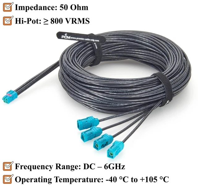 Alt view image 5 of 7 - Quad TE Mate-AX Mini FAKRA Z Code Female to FAKRA Female Automotive Splitter Cable 2298721-9 to 2-2326910-0 FPD-Link GMSL2 Camera Cable for NVIDIA Drive AGX Thor, ADAS, Telematics, LiDAR (10M/32.8FT)