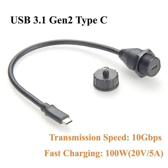 Alt view image 3 of 7 - IP67 USB 3.1 Type C Male to Female Extension Cable 10Gbps USB 3.1 Gen2 C Flush Panel Mount Charging & Data Cable Threaded Bulkhead Fixed for Car, Boat, Dashboard, Control Panels(0.3M/0.98FT)