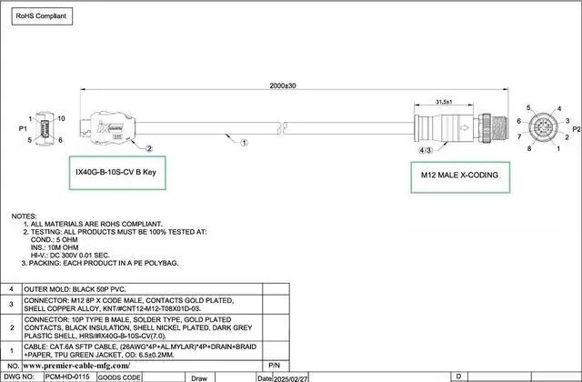 Alt view image 7 of 7 - IX40G-B-10S-CV(7.0) IX B Key to M12 8Pin X-Code Male Cable 10Gbps Shielded Industrial Cat6A Ethernet GigE Vision Camera Cable for Machine Vision Robotic PLC Factory Automation(2M/6.6FT) (Male)