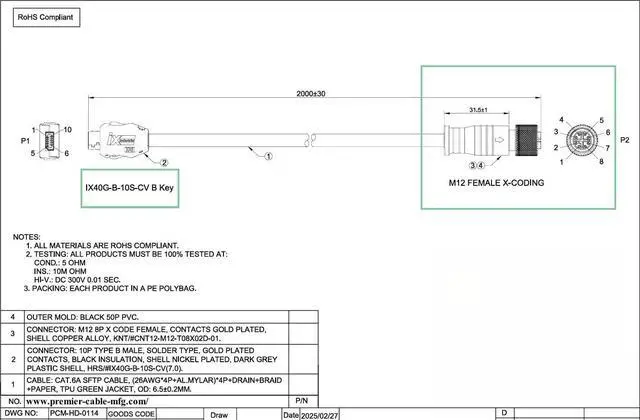 Alt view image 6 of 6 - IX40G-B-10S-CV(7.0) IX B Key to M12 8Pin X-Code Female Cable 10Gbps Shielded Industrial Cat6A Ethernet GigE Vision Camera Cable for Machine Vision Robotic PLC Factory Automation(2M/6.6FT) (Female)