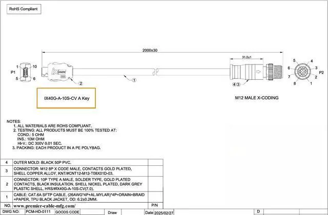 Alt view image 5 of 5 - IX40G-A-10S-CV(7.0) IX A Key to M12 X Code 8Pin Male Cable IX 10Pin Type A to M12 Industrial Cat6A Ethernet 10Gbps Shielded for Industrial Camera Machine Vision(2M/6.6FT) (Male)