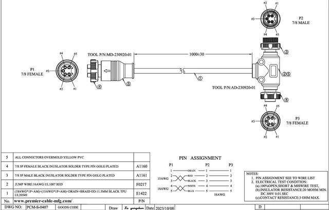 Alt view image 3 of 3 - 5 Poles 3 Way 7/8"-16UNF Mini-Change Tee Connector Cable IP67 7/8" Male to Female Y Splitter Backbone Trunk T Distributor for DeviceNet CANopen CANbus NMEA 2000(1M/3.28FT)