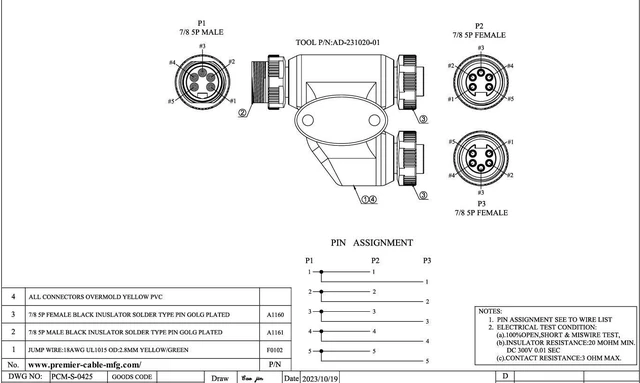 Alt view image 7 of 7 - 5 Pin 3 Way Mini Change 7/8"-16UN Y H Splitter IP67 Waterproof 7/8" Male to Female Mini-Fast Circular Straight Connector Backbone Cable H Distributor for DeviceNet NMEA2000 CANopen Profibus (5Pin)