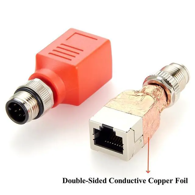 Alt view image 2 of 7 - M12 A Code 8Pin to RJ45 Cat6 Industrial Ethernet Shielded Adapter IP67 Waterproof RJ45 to M12 Feedthrough Bulkhead GigE Vision Connector for Industrial Camera PoE Sensor (Red)