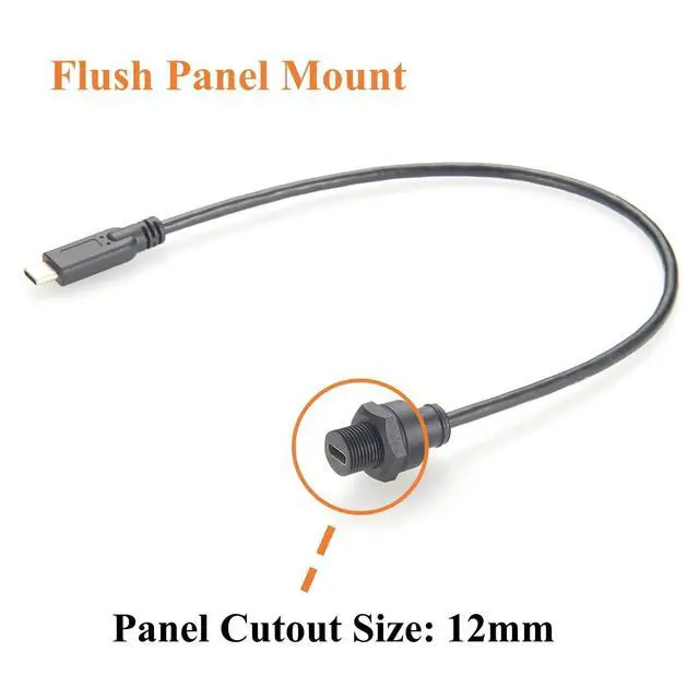 Alt view image 2 of 7 - USB 3.1 Type C Male to Female Extension Cable Flush Panel Mount 480Mbps USB C 2.0 Data Transfer & Charging Cable IP67 Waterproof Threaded Fixed Recessed for Cabinet, Embedded PC, Dashboard(0.3M)