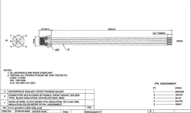 Alt view image 6 of 6 - M12 B Code 5Pin Female Front Panel Mount Cable IP67 M12 Power Connector with Pre-Assembled Wires Bulkhead Chassis Electrical Cable Sensor Receptacle for NMEA2000 CAN BUS(0.2M/0.66FT) (Female)