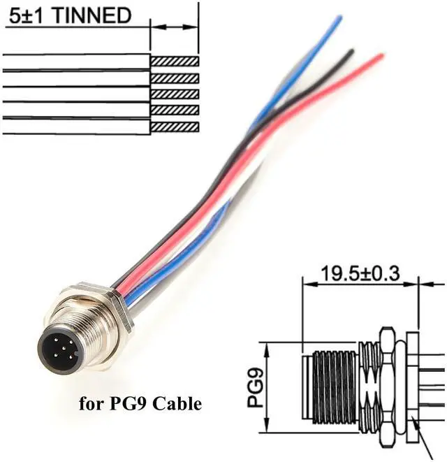Alt view image 3 of 7 - IP67 M12 A Code 5Pin Front Panel Mount Cable Straight Bulkhead M12 Pre-Assembly Pigtail Wireable Electrical Cable Receptacle Socket for NMEA2000, DeviceNet, Sensor, Profibus, PLC (Male, 20cm)