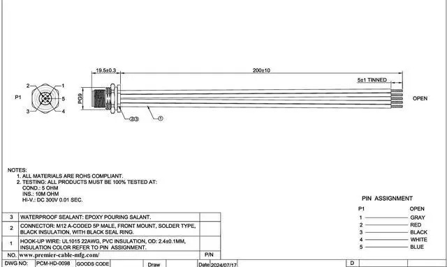 Alt view image 7 of 7 - IP67 M12 A Code 5Pin Front Panel Mount Cable Straight Bulkhead M12 Pre-Assembly Pigtail Wireable Electrical Cable Receptacle Socket for NMEA2000, DeviceNet, Sensor, Profibus, PLC (Male, 20cm)
