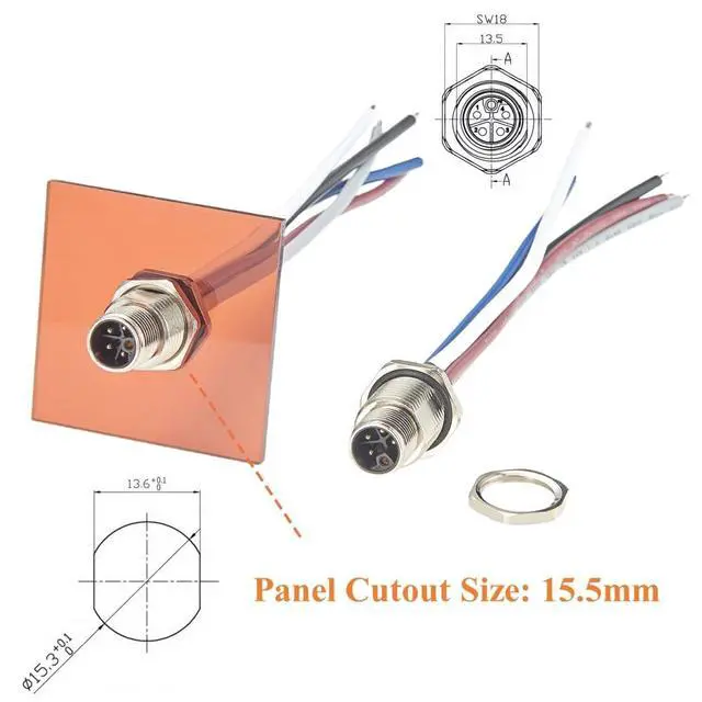 Alt view image 2 of 6 - M12 5Pin 4+PE L Code Panel Front Mount Receptacle Cable IP67 Waterproof M12 Male Power Connector with Pre-Assembled Wires Thread Flush Mount Cord for PLC Sensor Actuator(1PCS,15CM)
