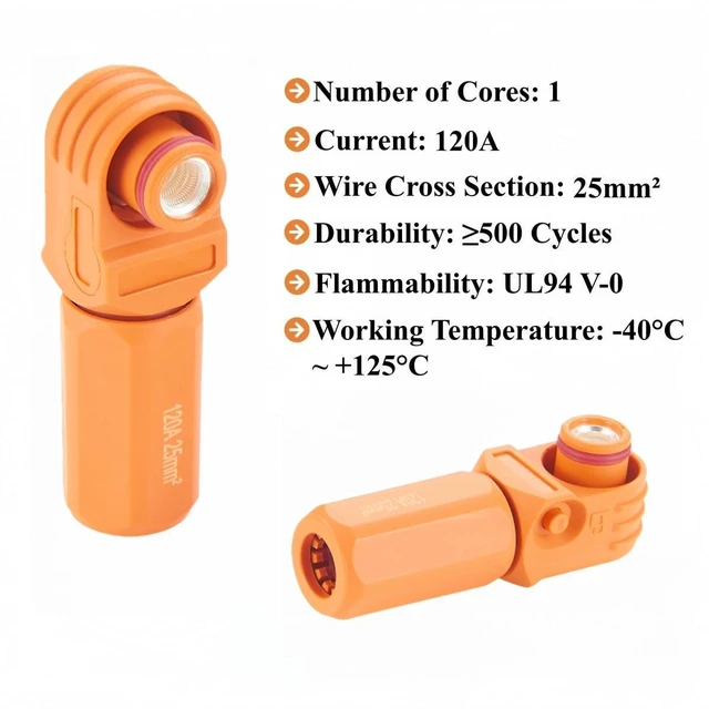 Alt view image 3 of 7 - 1 Set Battery Energy Storage Connector 120A 25mm² High Current HV Connectors Quick Plug Terminal Right Angle Plug and Socket IP67 Waterproof Power Adapter (Orange, 120A)