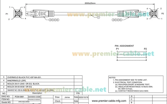 Alt view image 7 of 7 - Mini-Fit Jr. 4.2mm 4 Pin Female to Female Receptacle OTS Overmolded Cable Dual Row 4 Circuits Power & Signal Cable Compatible with 39-01-2040, 2451350420 (5PCS, 2M/6.6FT)