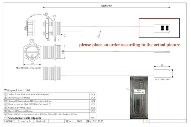 Alt view image 6 of 7 - IP67 Waterproof Micro SIM Extension Cable Panel Mount Male to Female Extender FPC Flex Cable Outdoor Micro SIM Card Slot Socket for Cabinet Chassis Case Frame Envelope (Plastic,0.3M/1FT)